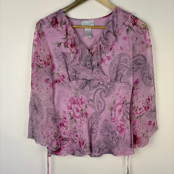 Vintage Y2K Silk Pink Floral Long Sleeve Blouse Babydoll Fairy - Picture 1 of 6